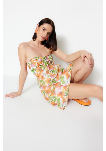 Shopeonly turuncu Mini Dokuma Astarlı Göğüs Bağlama Detaylı Çiçekli Elbise fiyatları