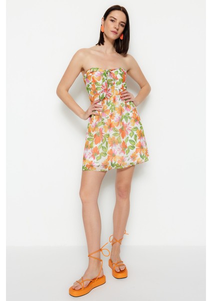 Shopeonly turuncu Mini Dokuma Astarlı Göğüs Bağlama Detaylı Çiçekli Elbise modelleri