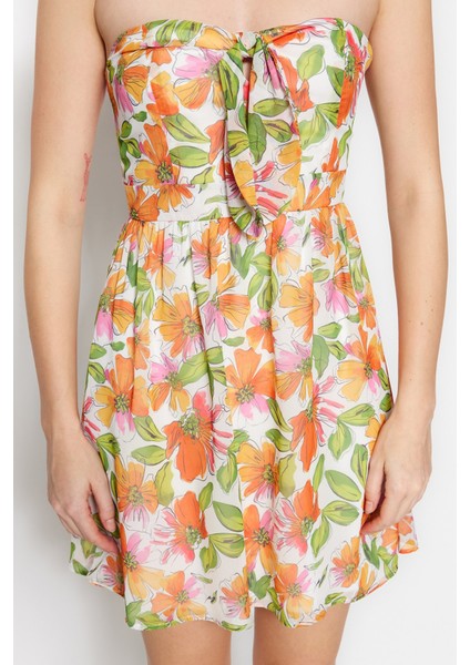 Shopeonly turuncu Mini Dokuma Astarlı Göğüs Bağlama Detaylı Çiçekli Elbise fırsatları