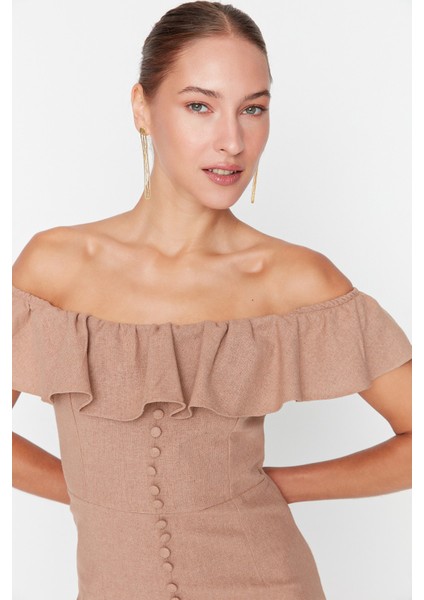 Shopeonly Camel Petite Vücuda Oturan Süper Mini Dokuma Fırfırlı Elbise modelleri