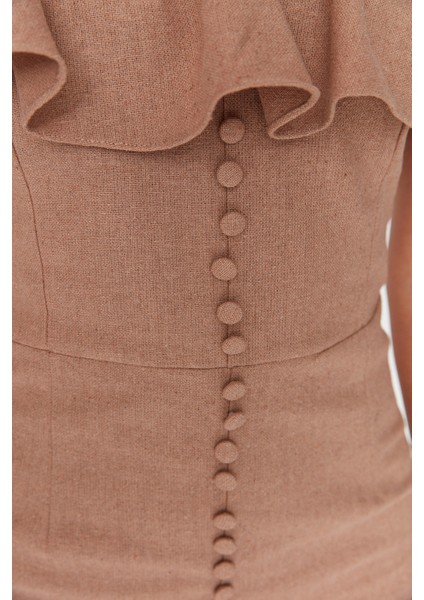 Shopeonly Camel Petite Vücuda Oturan Süper Mini Dokuma Fırfırlı Elbise fırsatları