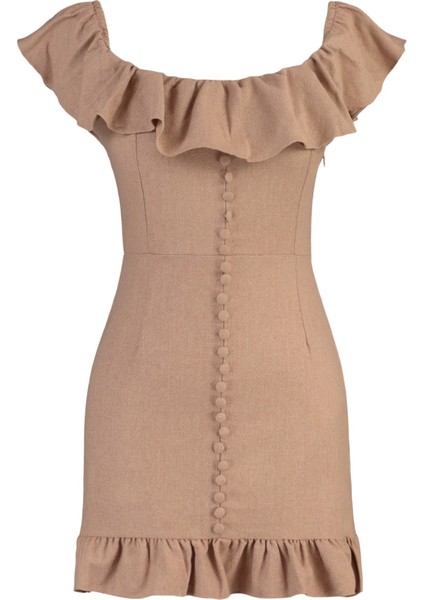 Shopeonly Camel Petite Vücuda Oturan Süper Mini Dokuma Fırfırlı Elbise