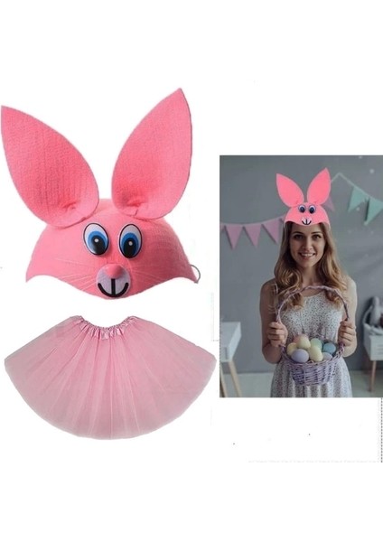 Tavşan Kostümü Pembe - 23 Nisan Tavşan Şapka ve Tütü Etek Seti 2 Parça