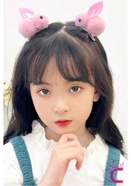 2'li Pembe Tavşanlı Yumuşak Astarlı Klips Toka Seti - Kız Bebek Çocuk Klipsli Pens Saç Tokası