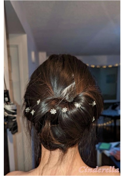 10'lu Mini Kristal Taşlı Çiçek Tasarım Firkete Toka Gümüş - Düğün Nikah Saç Aksesuarı Topuz Tokası fiyatları