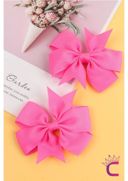 2'li Kız Çocuk Grogren Saten Fiyonk Toka Seti Pembe - Fiyonklu Kurdele Klips Pens Saç Tokası