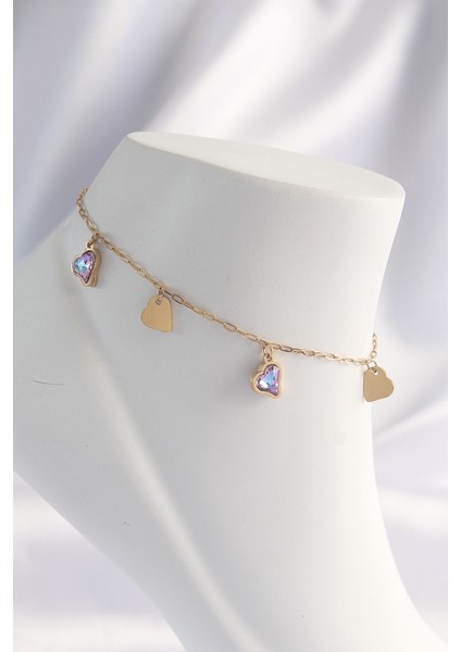 Zarif Kadın Için Golden Çelik Mini Renkli Zirkonlu Kalp Halhal