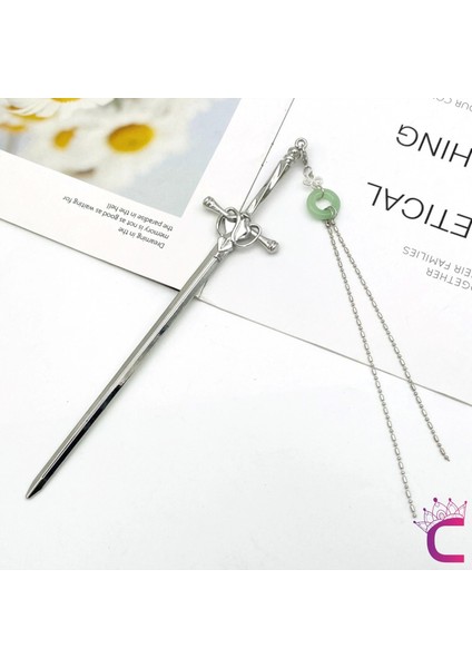 Yeşim Taşlı Kolye Uçlu Kılıç Tasarım Metal Saç Topuz Tokası 20CM - Şık Gotik Boho Çubuk Topuz Tokası