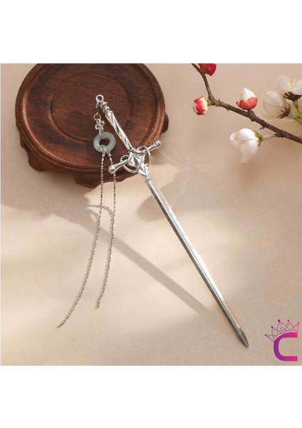 Yeşim Taşlı Kolye Uçlu Kılıç Tasarım Metal Saç Topuz Tokası 20CM - Şık Gotik Boho Çubuk Topuz Tokası fiyatları