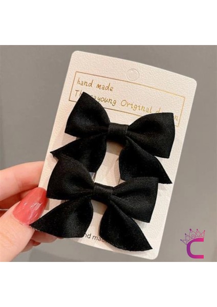 2'li Çocuk Saten Pens Fiyonk Toka Seti Siyah - Kız Çocuk Kurdele Fiyonklu Klips Saç Tokası