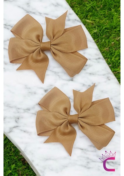 2'li Kız Çocuk Grogren Saten Fiyonk Toka Seti Bej Renk - Fiyonklu Kurdele Klips Pens Saç Tokası