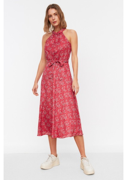 Shopeonly pembe Kuşaklı A Kesim Midi Dokuma Astarlı Çiçek Desenli Elbise