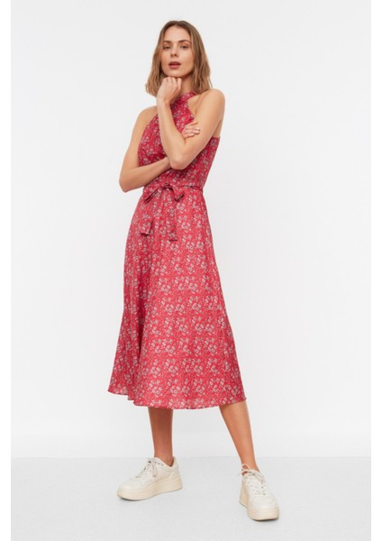 Shopeonly pembe Kuşaklı A Kesim Midi Dokuma Astarlı Çiçek Desenli Elbise fiyatları