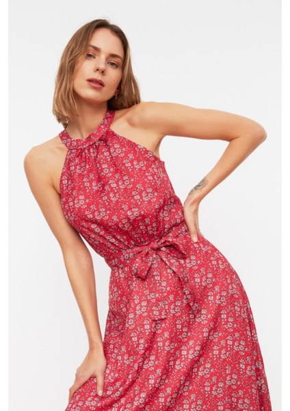 Shopeonly pembe Kuşaklı A Kesim Midi Dokuma Astarlı Çiçek Desenli Elbise modelleri