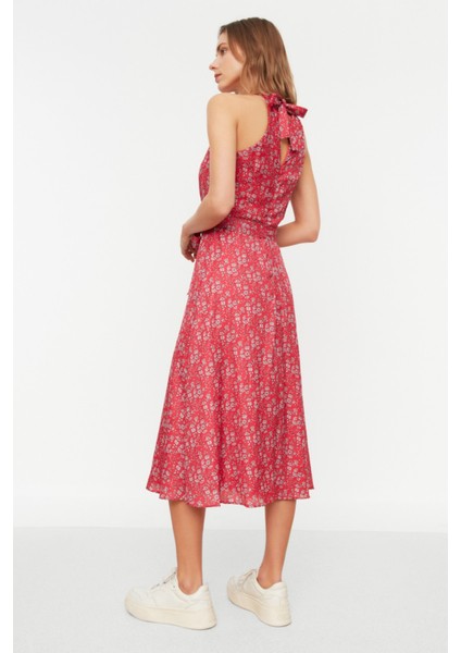 Shopeonly pembe Kuşaklı A Kesim Midi Dokuma Astarlı Çiçek Desenli Elbise indirimleri