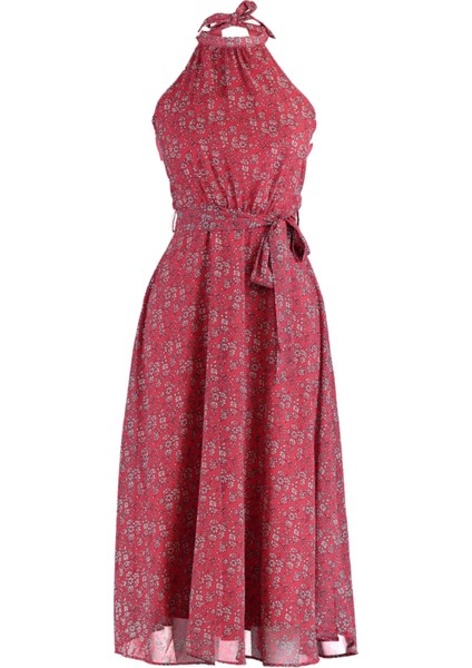 Shopeonly pembe Kuşaklı A Kesim Midi Dokuma Astarlı Çiçek Desenli Elbise