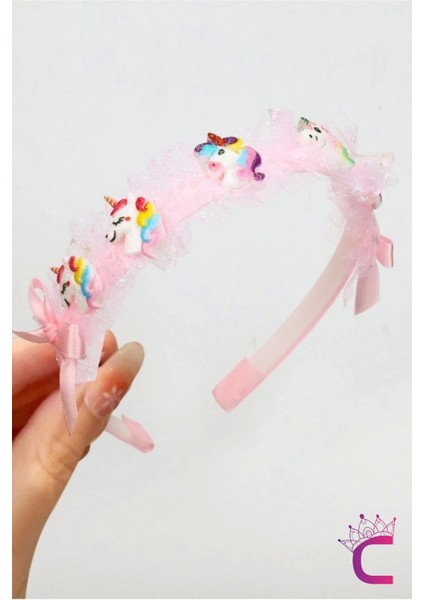 Kız Çocuk Sevimli Fiyonklu Unicorn Taç Pembe - Kurdele Çocuk Taç Saç Bandı Toka Prenses Tacı