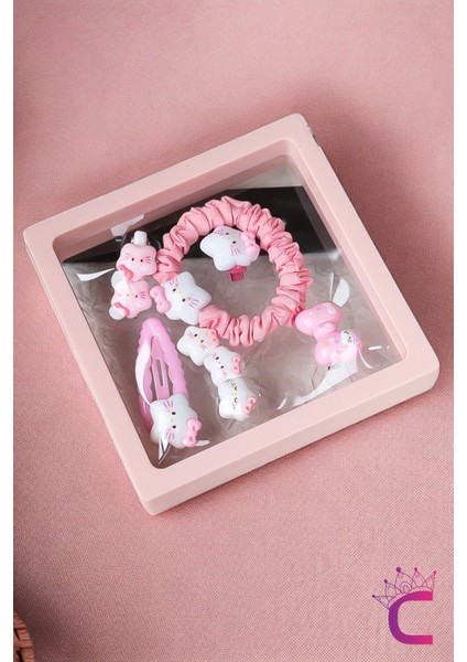Kt Cat 6'lı Özel Kutulu Hediyelik Kız Çocuk Toka Seti - Pembe Çıtçıt Pens Lastikli Bebek Saç Tokası