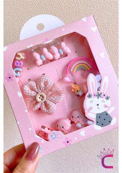 10'lu Özel Tasarım Hediyelik Kutulu Bebek Toka Seti Pembe - Kız Çocuk Lastik Çıtçıt Pens Saç Tokası