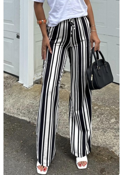Çizgili Yüksek Bel Pantolon - Salaş Rahat