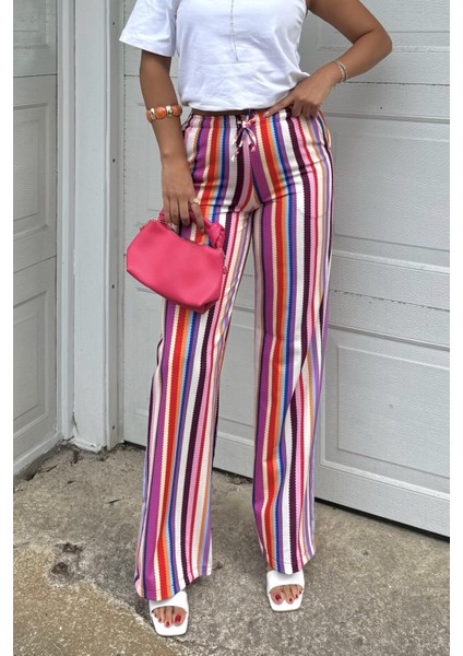 Çizgili Yüksek Bel Pantolon - Salaş Rahat