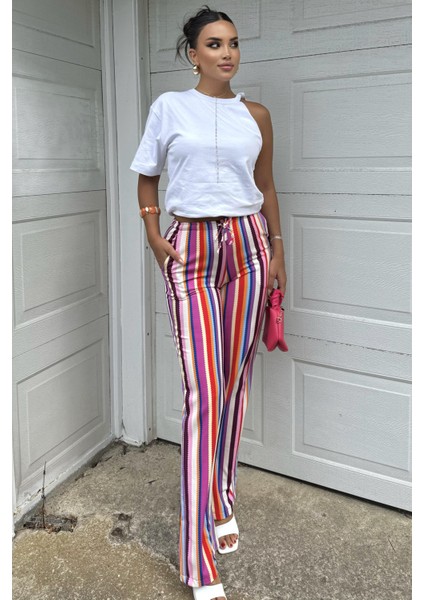 Çizgili Yüksek Bel Pantolon - Salaş Rahat fırsatları