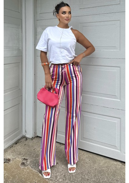 Çizgili Yüksek Bel Pantolon - Salaş Rahat indirimleri
