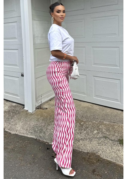 Çizgili Yüksek Bel Pantolon - Salaş Rahat fırsatları