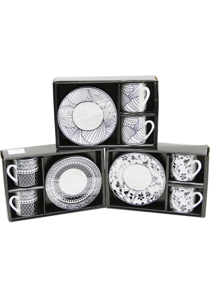 Siyah - Beyaz 4pcs=2-Takım Porselen Kahve Fincanı Çiçek - Çizgi - Nokta Mix Desen (4887)