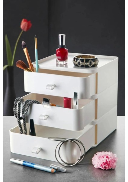 Beyaz Plastik Çekmece Organizer 20x20x7.5 cm Takı Makyaj Kozmetik ve Ofis Masaüstü Düzenleyici fırsatları