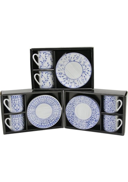 Mavi - Beyaz 4pcs=2-Takım Porselen Kahve Fincanı Çiçek - Çizgi - Nokta Mix Desen (4887)