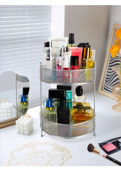 İki Katlı Gümüş Renkli Çok Amaçlı Makaj Ve Takı Organizeri