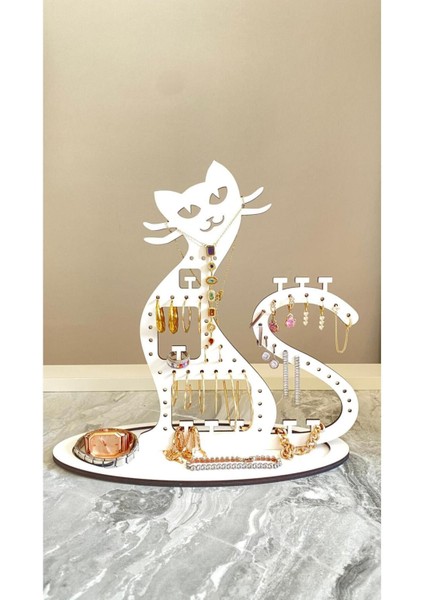 Sevimli Kedi Figürlü Ahşap Takı Düzenleyici, Şık Ve Fonksiyonel Dekoratif Stand