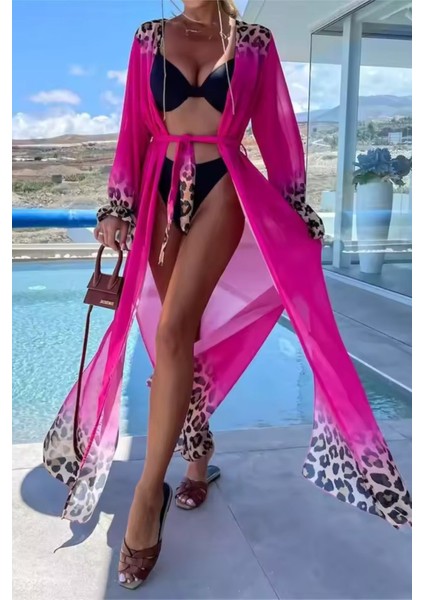 Kadın Leopar Desenli Uzun Şifon Plaj Kimono – Kuşaklı ve Hafif Pareo Model