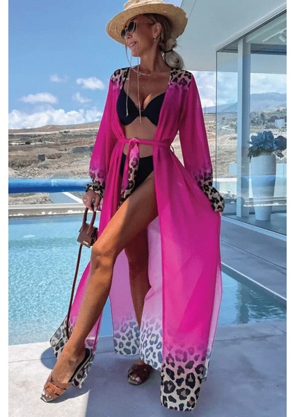 Kadın Leopar Desenli Uzun Şifon Plaj Kimono – Kuşaklı ve Hafif Pareo Model fiyatları