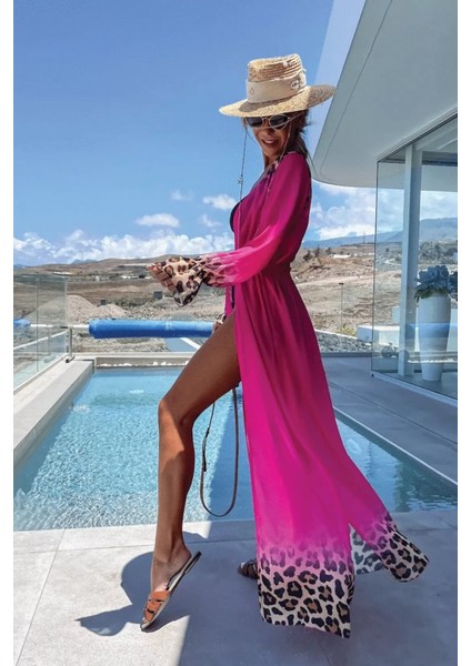 Kadın Leopar Desenli Uzun Şifon Plaj Kimono – Kuşaklı ve Hafif Pareo Model modelleri