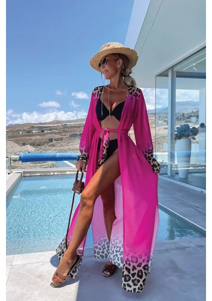 Kadın Leopar Desenli Uzun Şifon Plaj Kimono – Kuşaklı ve Hafif Pareo Model indirimleri