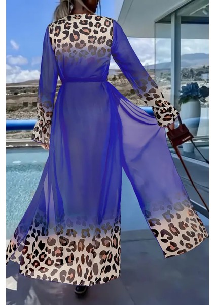 Kadın Leopar Desenli Uzun Şifon Plaj Kimono – Kuşaklı ve Hafif Pareo Model modelleri