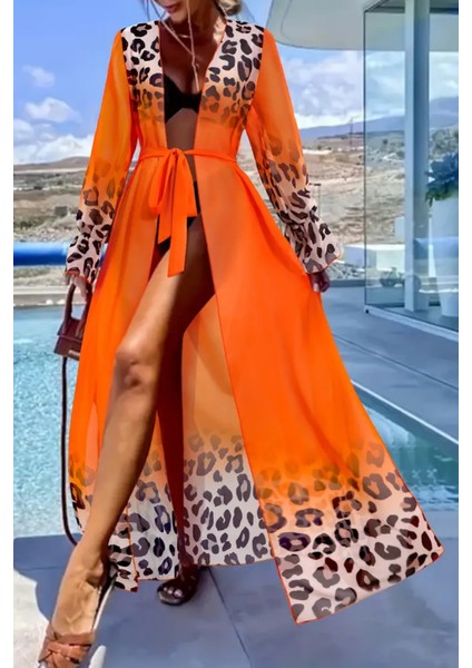 Kadın Leopar Desenli Uzun Şifon Plaj Kimono – Kuşaklı ve Hafif Pareo Model