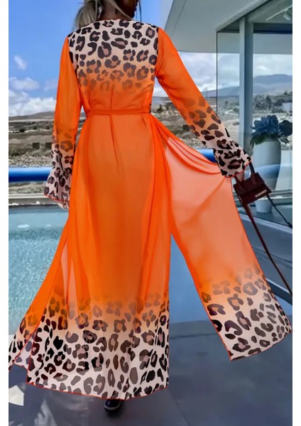Kadın Leopar Desenli Uzun Şifon Plaj Kimono – Kuşaklı ve Hafif Pareo Model fiyatları