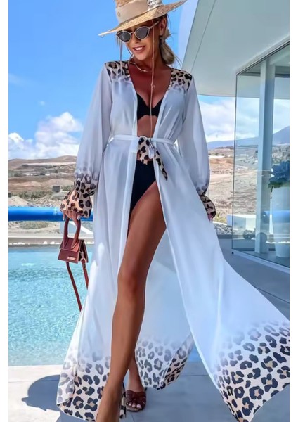 Kadın Leopar Desenli Uzun Şifon Plaj Kimono – Kuşaklı ve Hafif Pareo Model