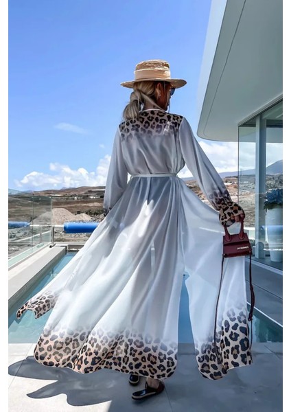 Kadın Leopar Desenli Uzun Şifon Plaj Kimono – Kuşaklı ve Hafif Pareo Model modelleri