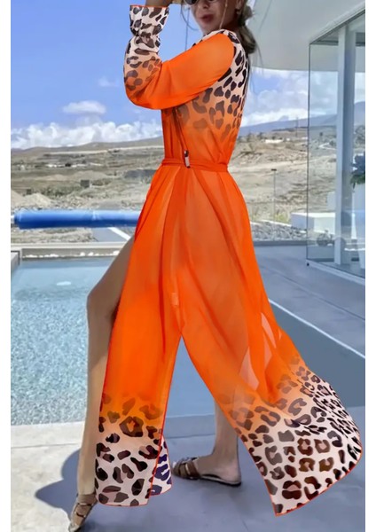 Kadın Leopar Desenli Uzun Şifon Plaj Kimono – Kuşaklı ve Hafif Pareo Model modelleri