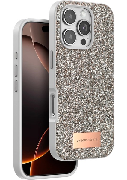 Onegif Iphone 16 Pro Bright Simli Kapak - Çöl Titanyum Lzwdr