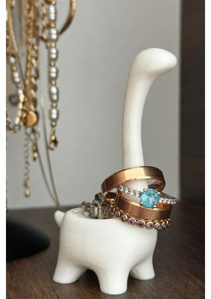 Şirin Dinozor Yüzük Tutucu, 8 cm, Beyaz, Takı Düzeni İçin Şık Bir Çözüm