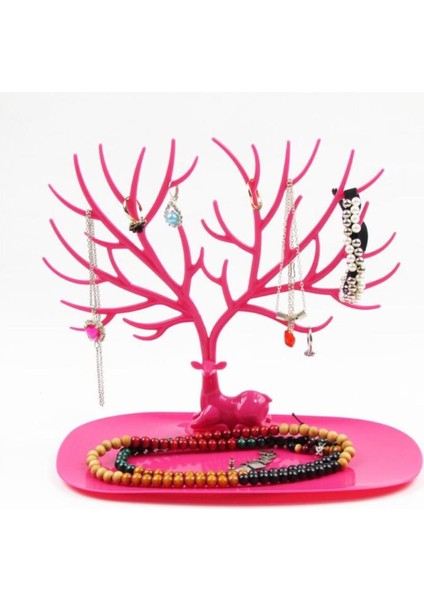 Geyik Temalı Takı Saklama Tepsisi, Ahşap Organizatör, Pembe Renkli