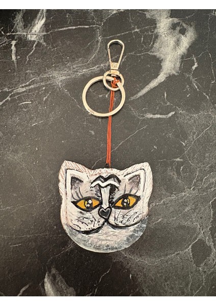 Kedi Model Lola Gri Bej Hakiki Deri El Boyaması Anahtarlık, Çanta Süsü fiyatları