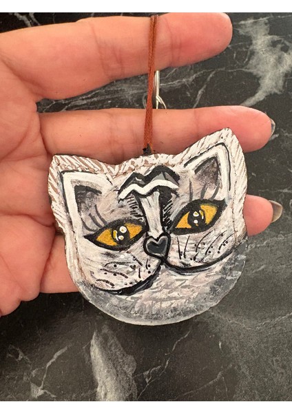 Kedi Model Lola Gri Bej Hakiki Deri El Boyaması Anahtarlık, Çanta Süsü