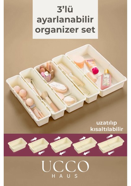 3'Lü Çok Amaçlı Ayarlanabilir Mutfak Ve Makyaj Organizer Seti Krem