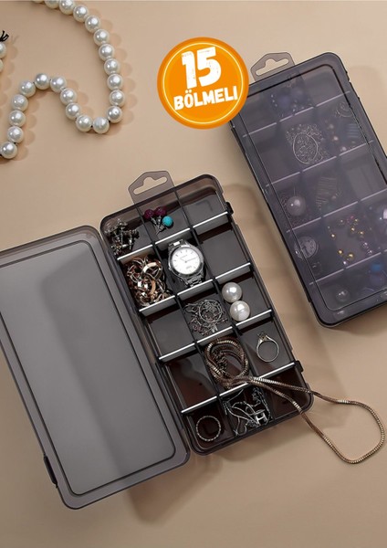 Ayarlanabilir 15 Bölmeli Takı Kutusu, Kapaklı ve Düzenleyici, Bej Renk